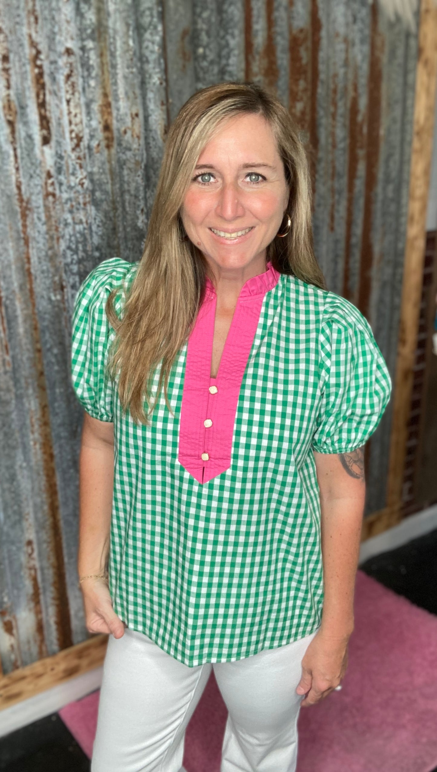 Green Gingham Top