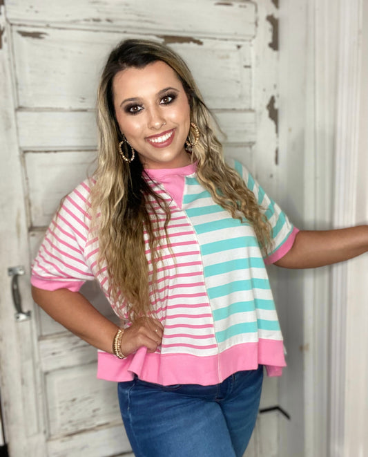 Pink Contrast Stripe Patchwork Top