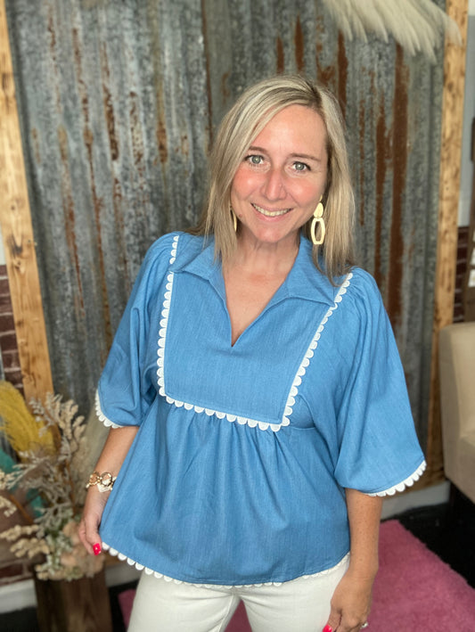 Blue Ric Rac Top with 3/4 Puff Sleeve