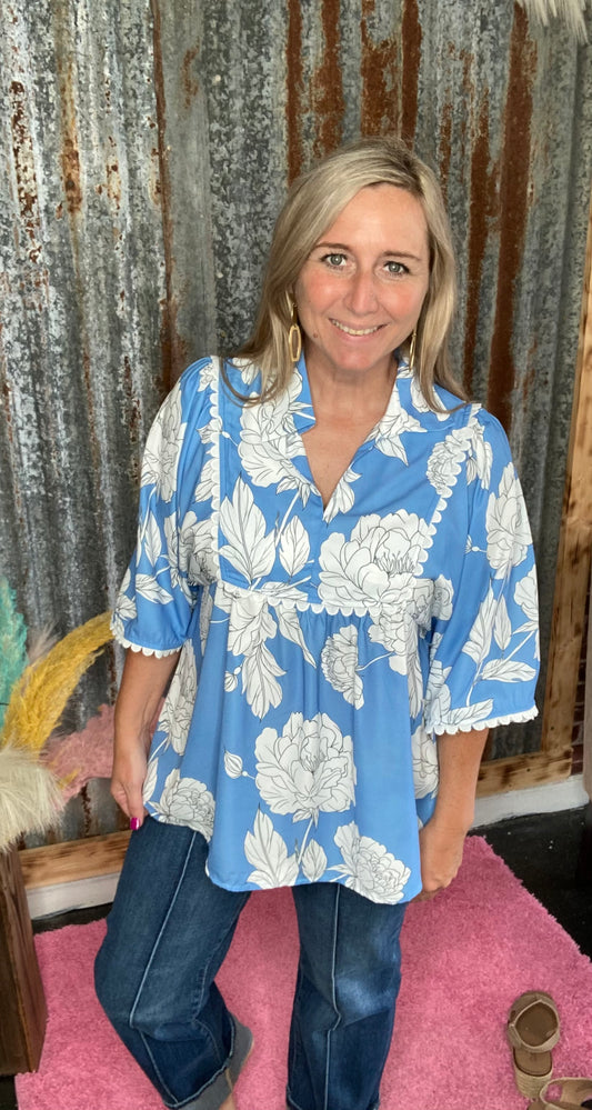 Blue Floral Ric Rac Top