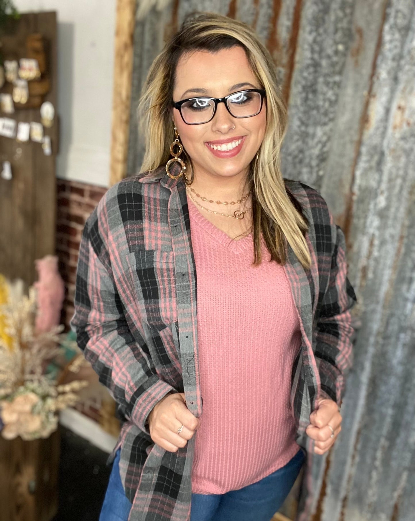 Splash Of Pink Plaid Flannel Button Up