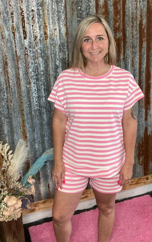 Rose Striped Crew Nexk Short Set