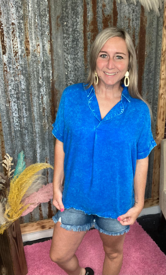Ocean Blue washed Linen Raw Edge Shirt