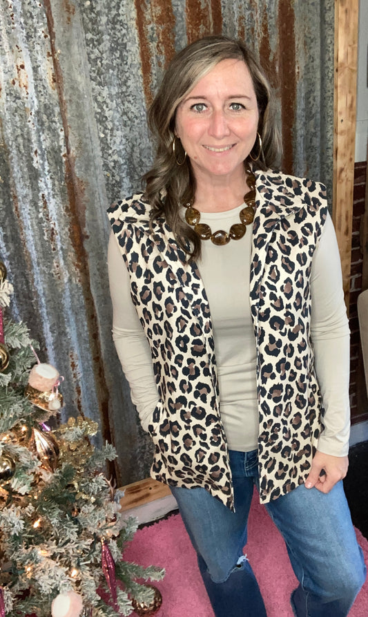 Brown Leopard Open Front Vest