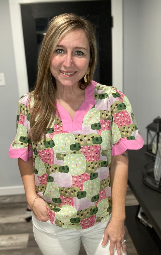 Pink Abstract Scalloped Top