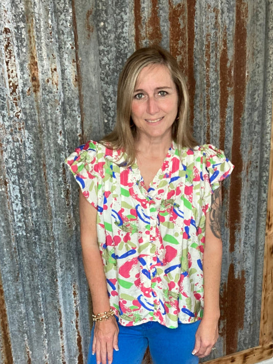 Pink Royal Printed V-Neck Top