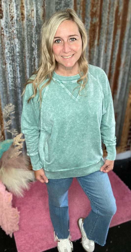 Dark Green Halo Washed French Terry Pullover