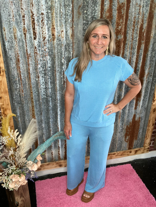 Blue Ribbed Pant Set