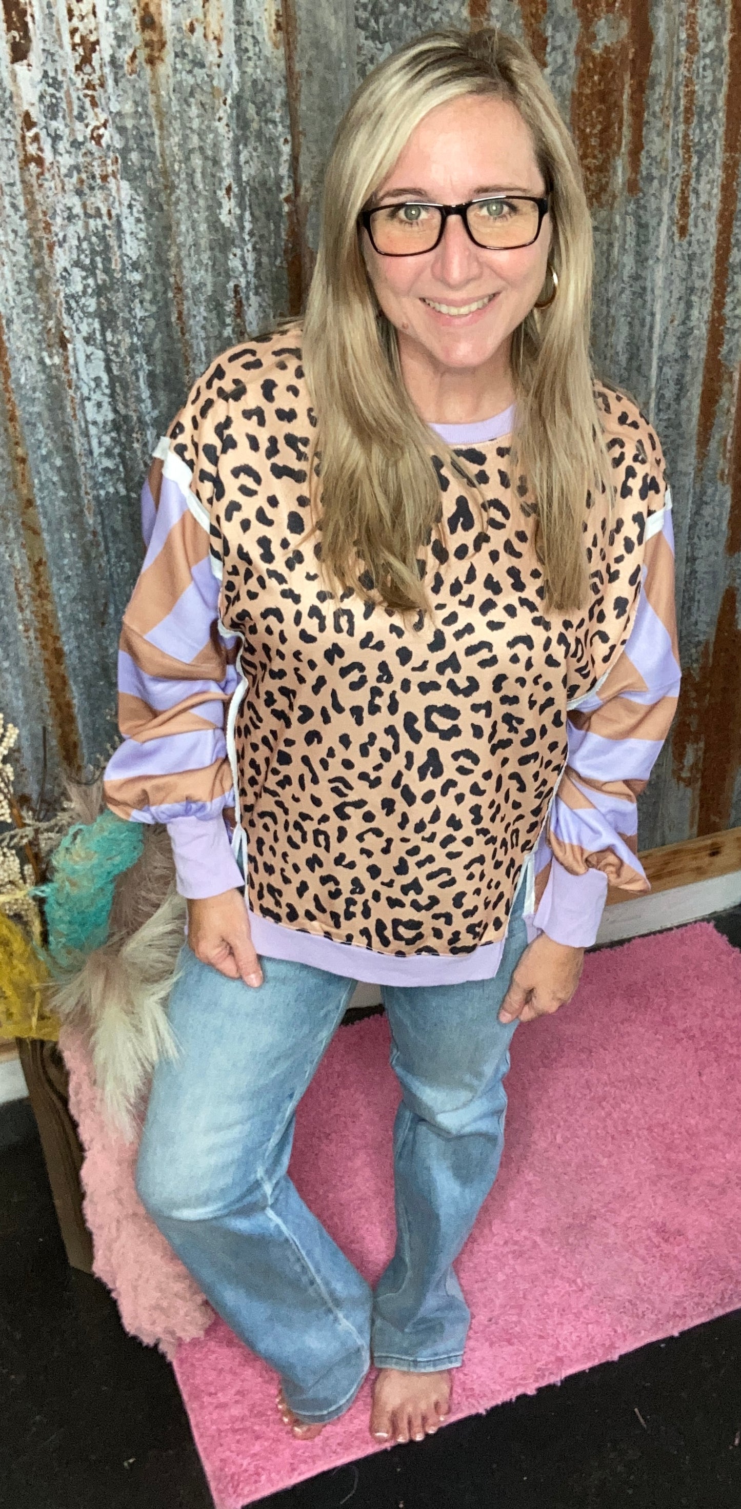 Purple Striped Leopard Sweatshirt w/ Slits