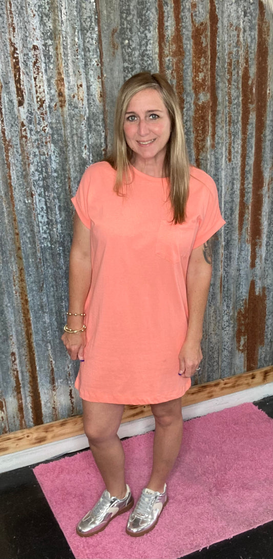 Coral Pocket Shirt Dress