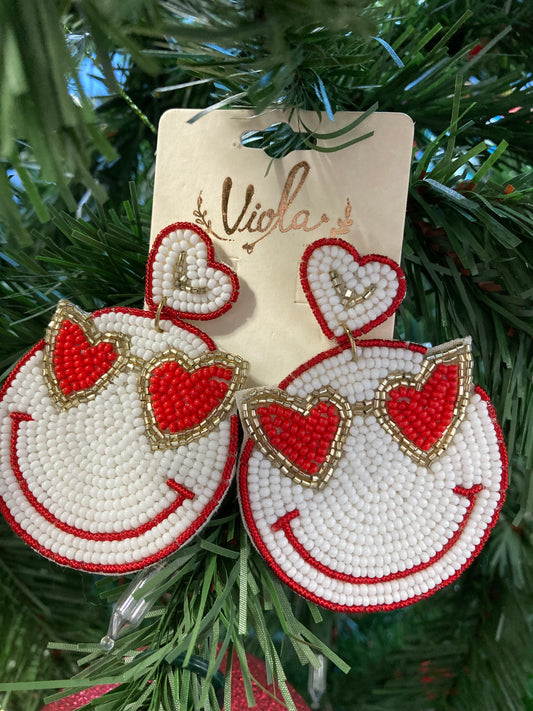 White Smiley Red Beaded Earrings