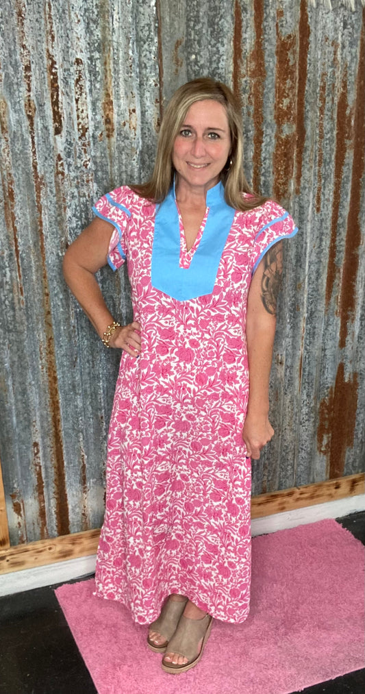 Pink Floral V-Neck Dress