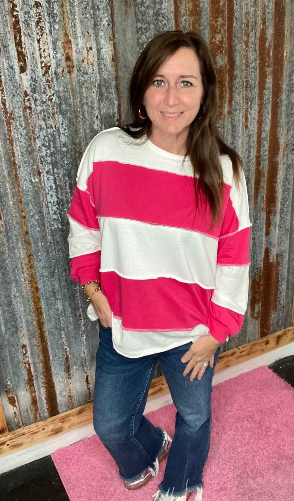 Hot Pink French Terry Colorblock Exposed Seam Top