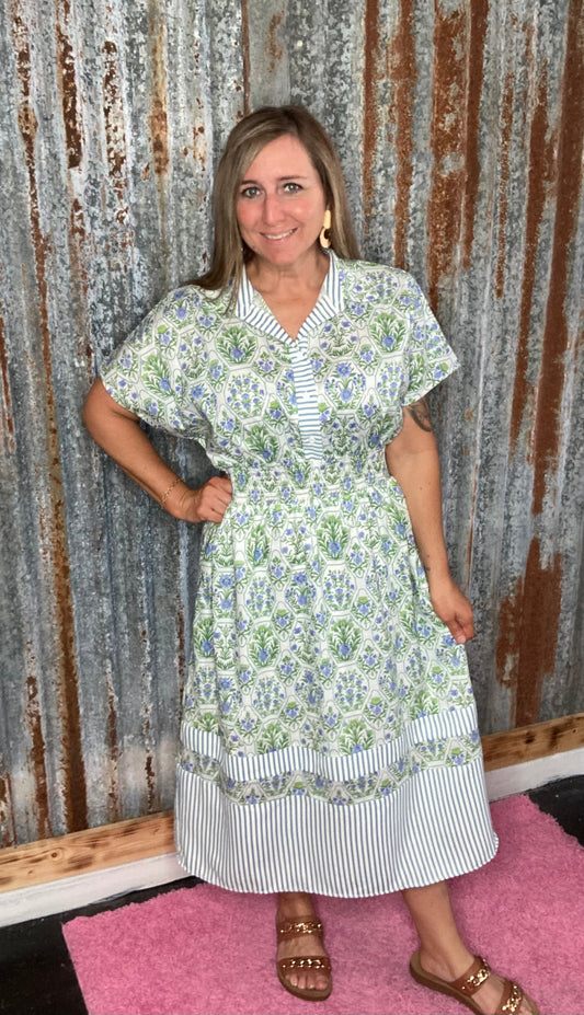 Green/Blue Printed Midi Dress