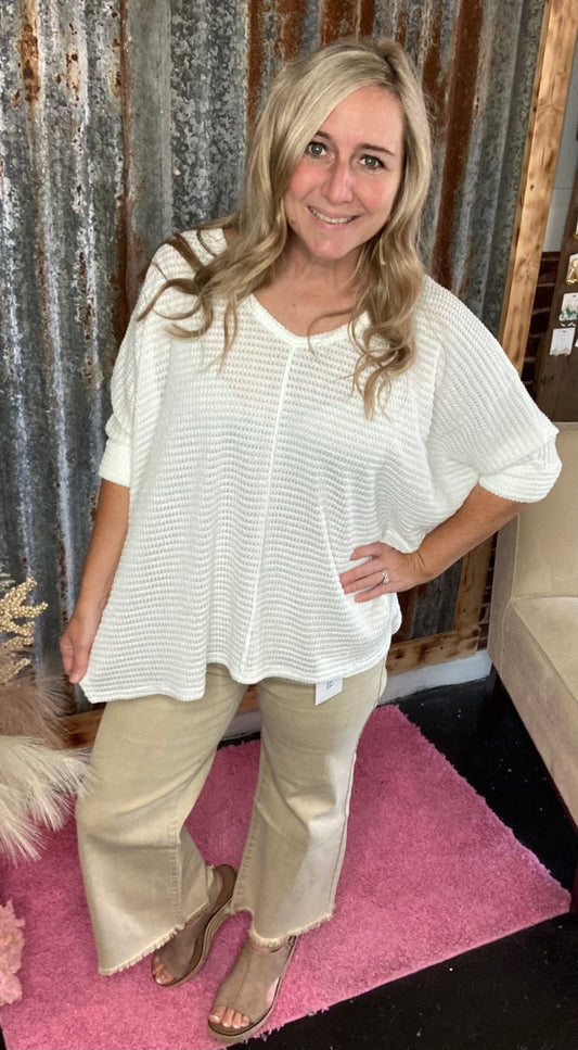 3/4 Sleeve V-Neck Off White Hi-Low Sweater