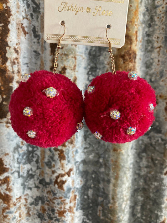 Fuschia Rhinestone Puff Earrings