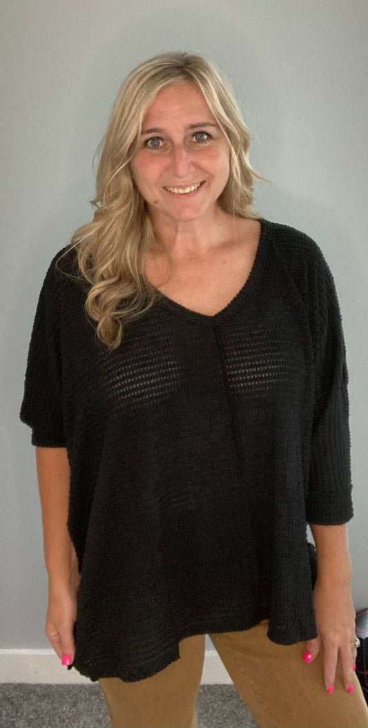 Black 3/4 v-neck Hi Low Hem Jaquard Sweater