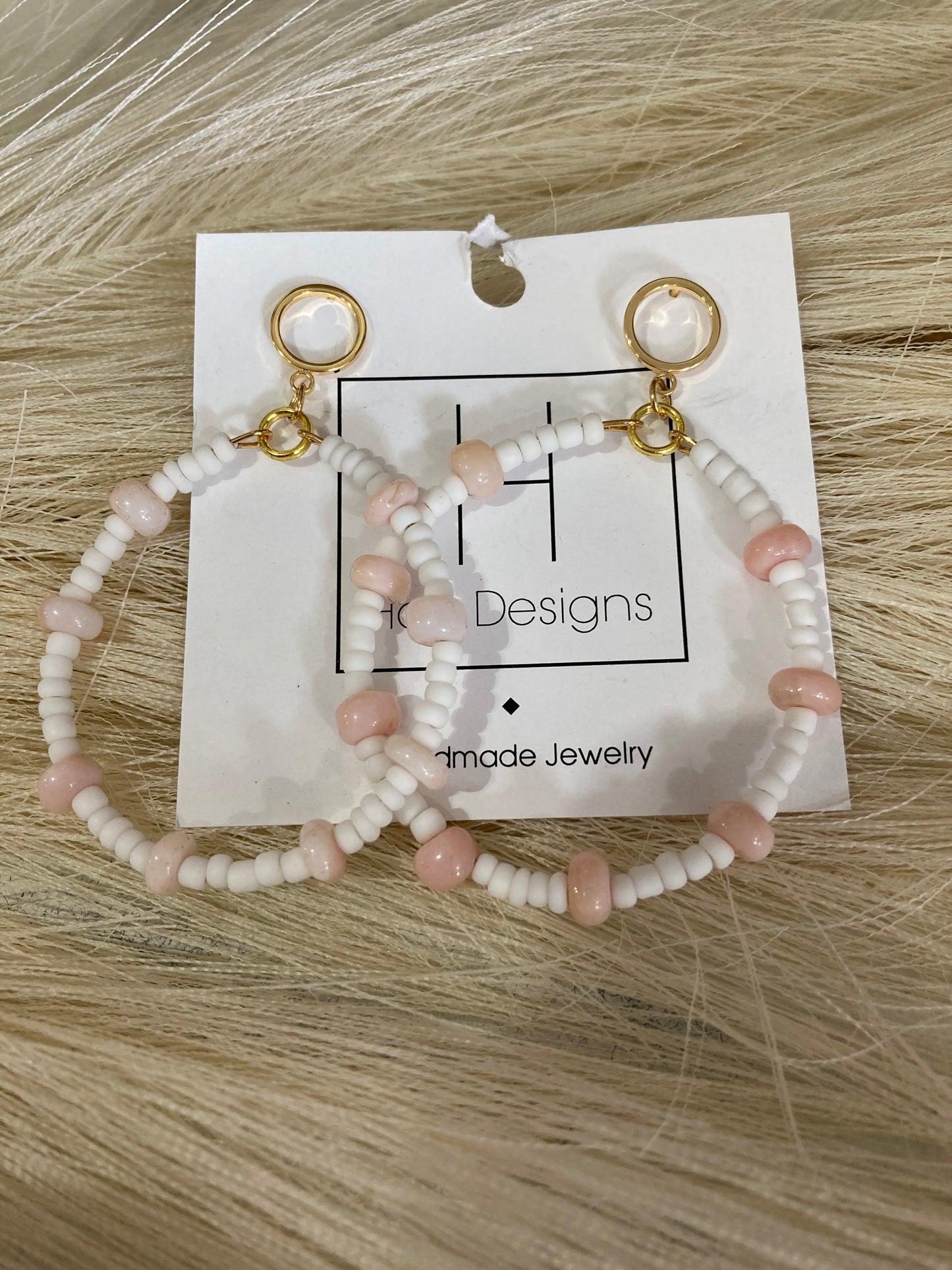 White Beaded Pink Earrings