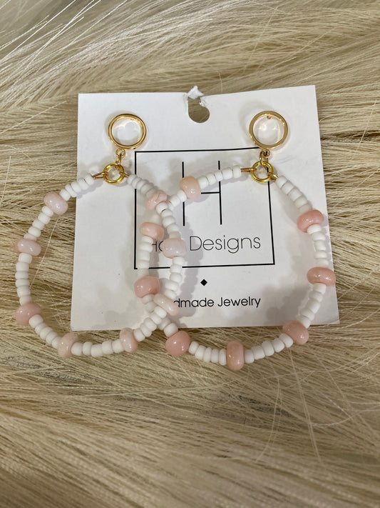 White Beaded Pink Earrings