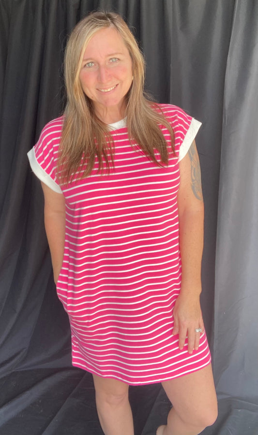 Hot Pink Striped T-Shirt Dress