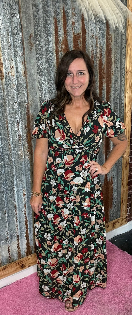 Black Fiery Floral Maxi