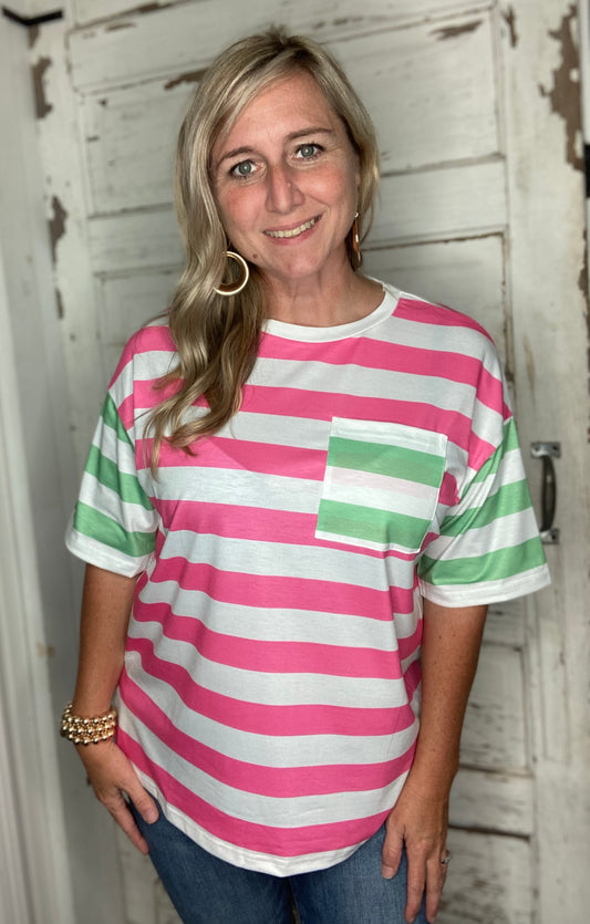 Pink/Green Striped Pocket Tshirt