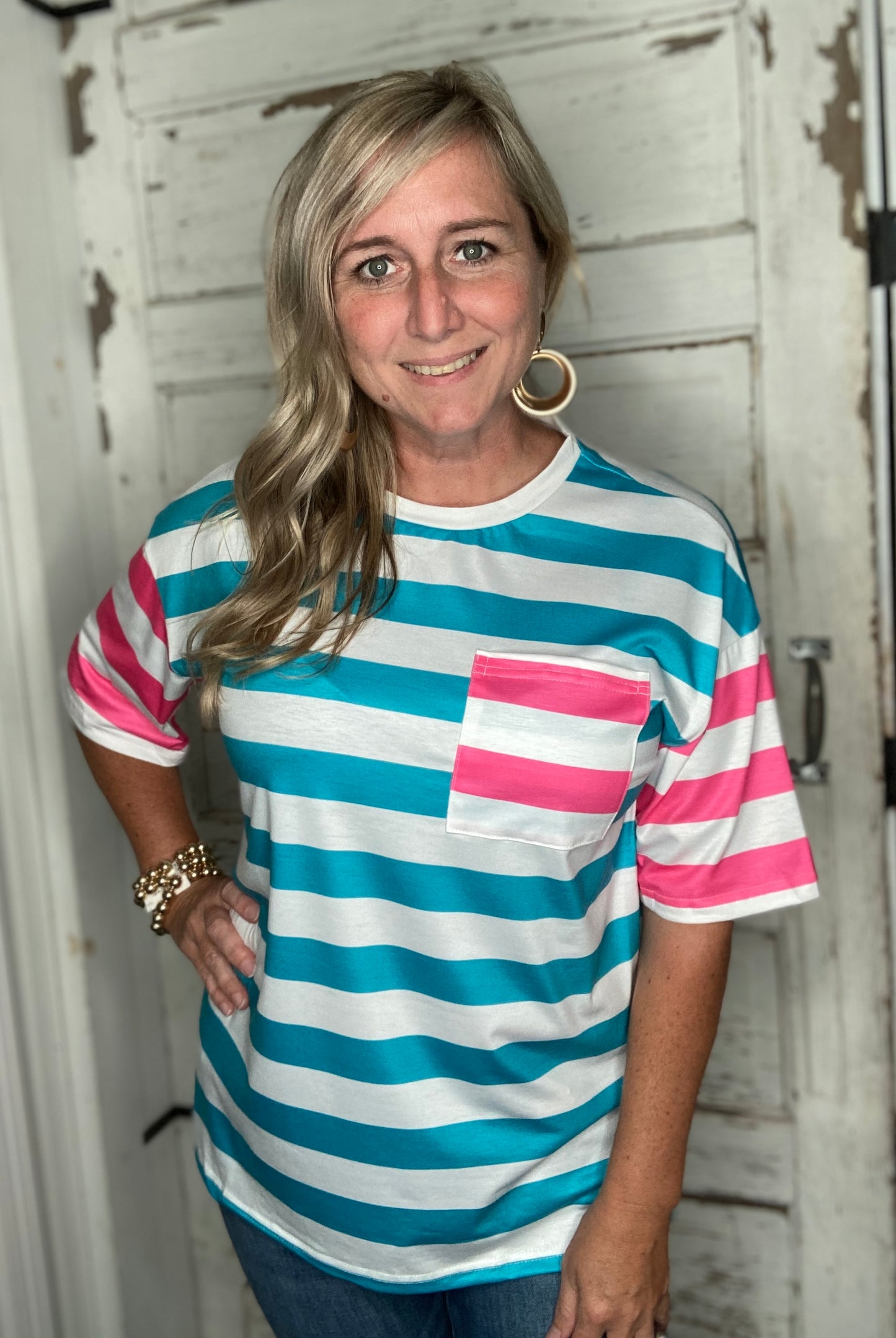 Pink/Blue Striped Pocket Tshirt