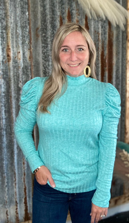 Turquoise ribbed puff long sleeve mock neck top