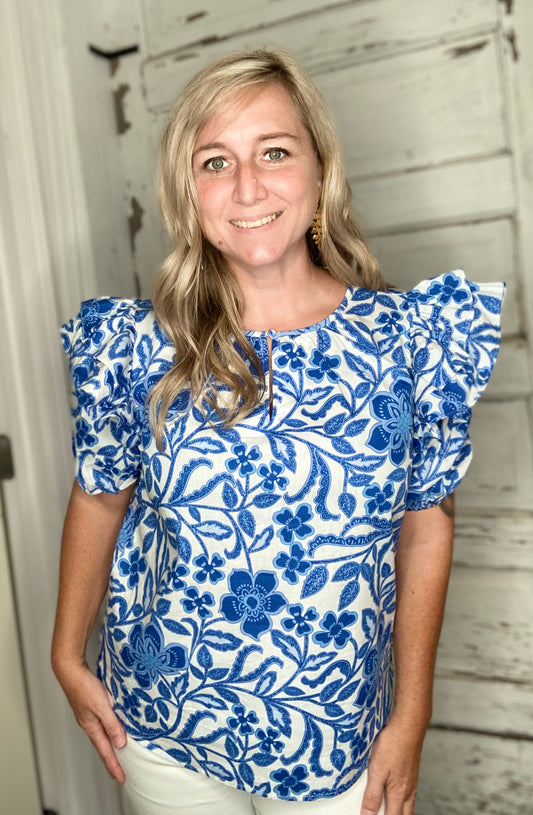 Blue Floral Ruffled Bubble Sleeve Blouse