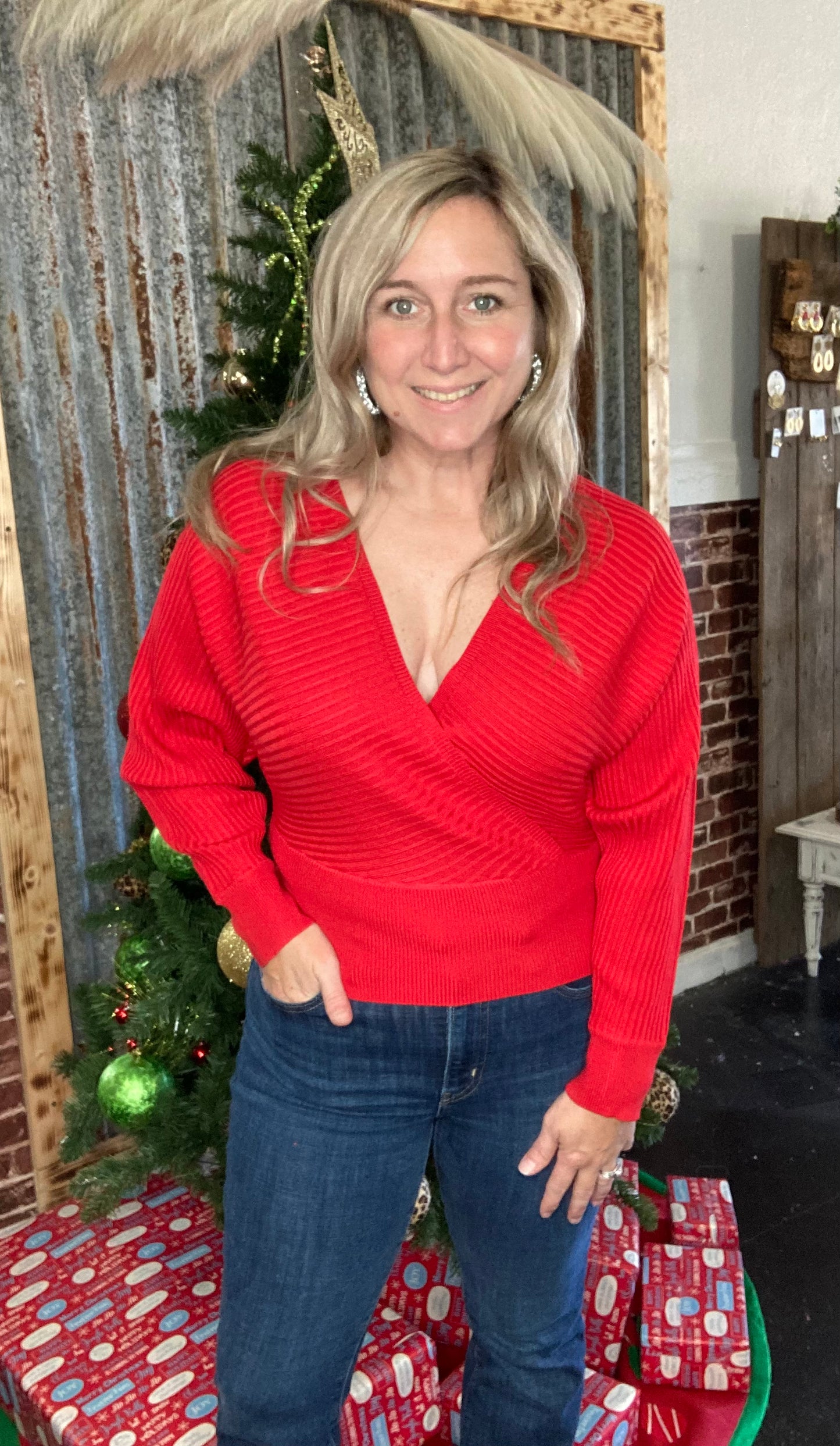 Red surpliced neckline Ribbed Sweater