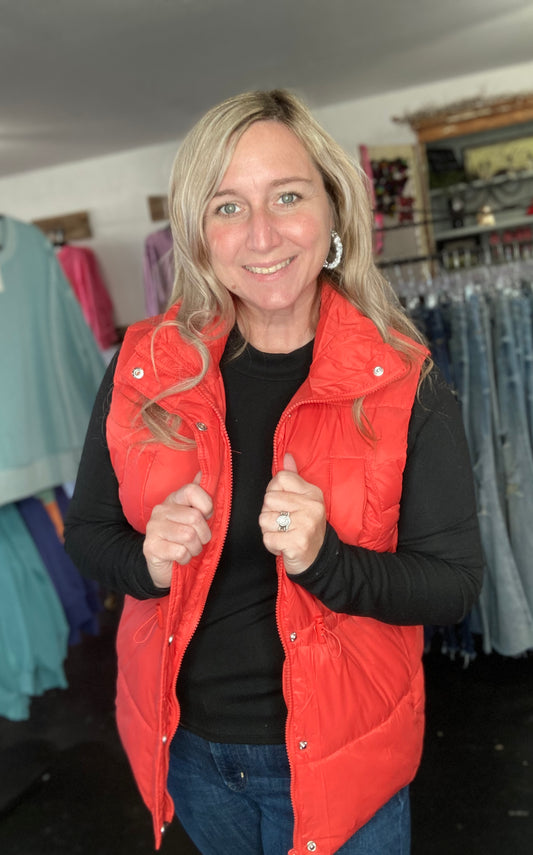 Tomato zip up Button Puffer Vest w/waist Toggles