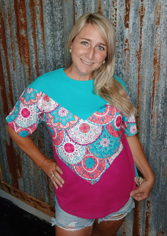 Turquoise floral blouse