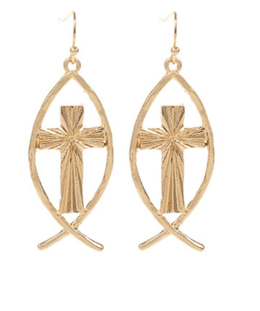 Cross Inside Fish Earrings
