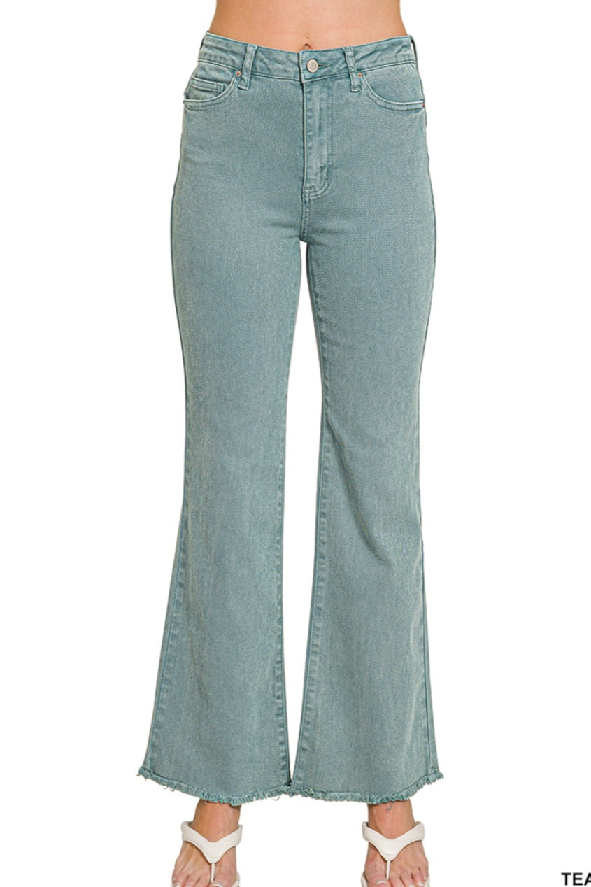 Teal Acid Wash Frayed Cutoff Hem Straight Wide Jeans