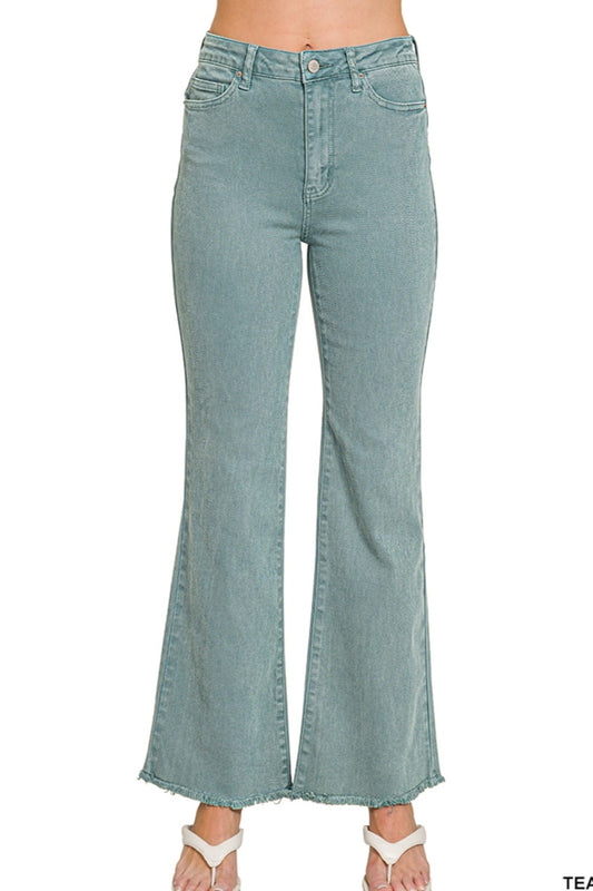 Teal Acid Wash Frayed Cutoff Hem Straight Wide Jeans