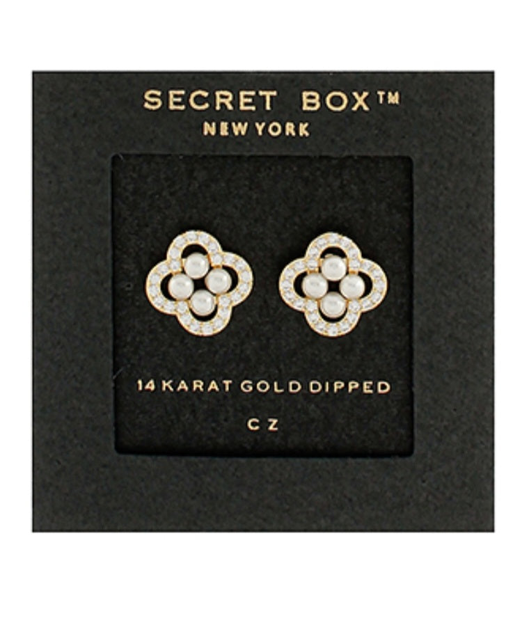 Pave Clover and Pearl Studs