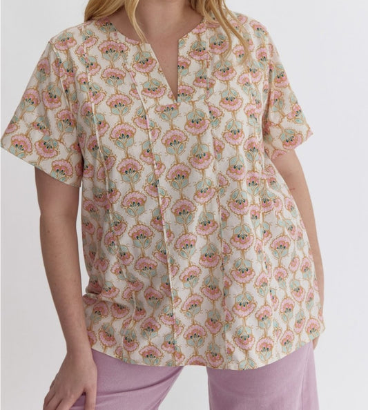 Cream Printed V-Neck