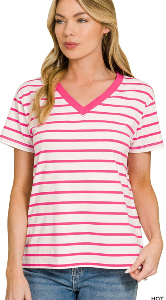 Hot Pink Striped V-Neck Tee