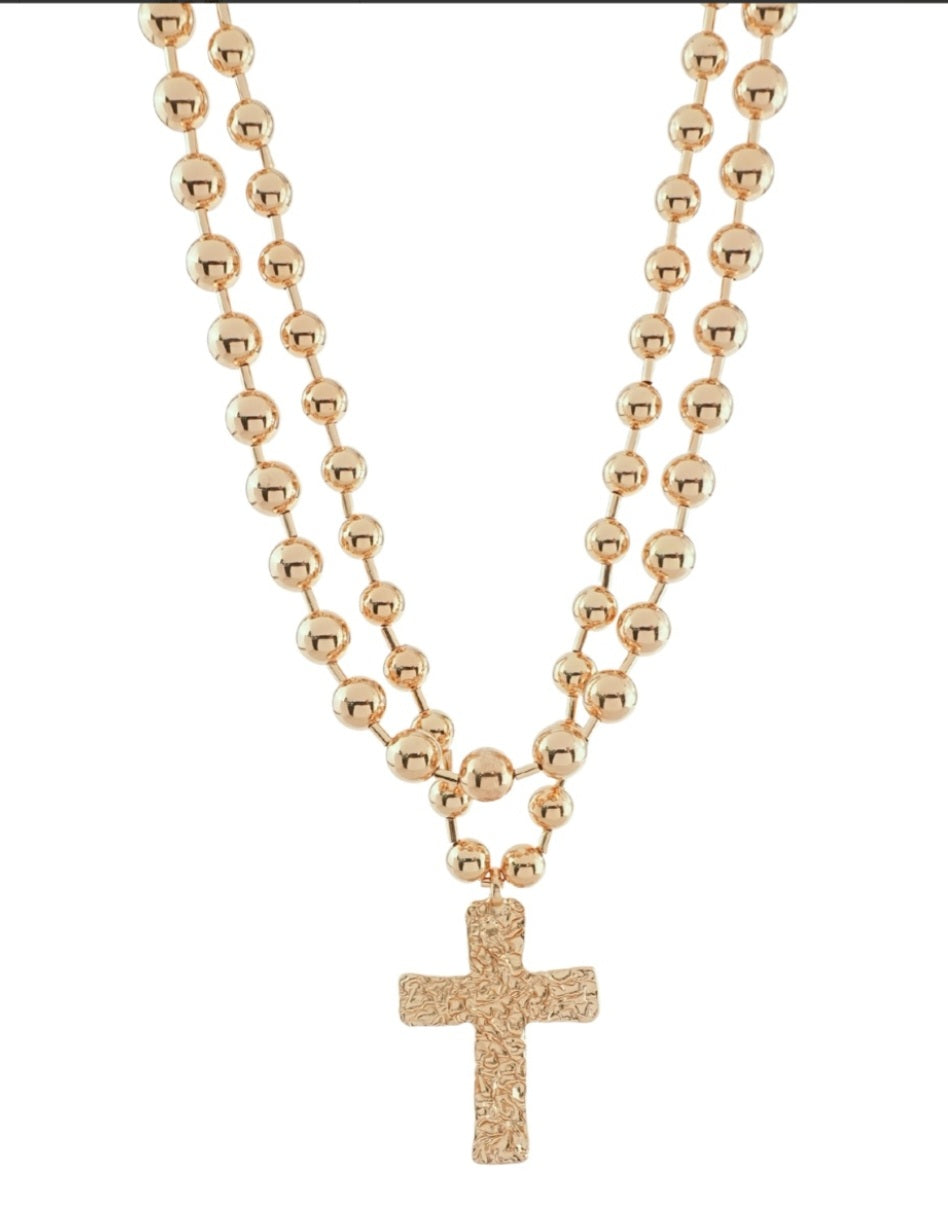 Layered CCB Ball Hammered Cross Necklace