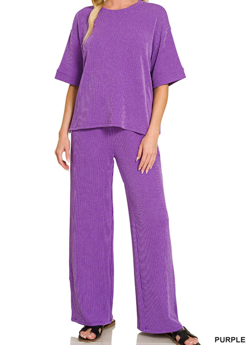 Purple Ribbed Pamt Set