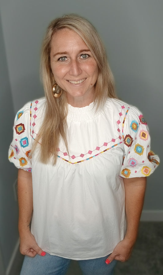 White Embroidered Smock Top
