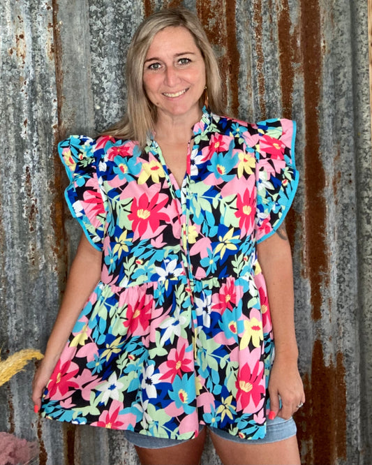 Blue Floral Flutter Sleeve top