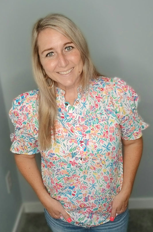 Pink floral Button Puff Sleeve Top