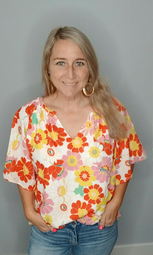 Orange Flower V-Neck Top