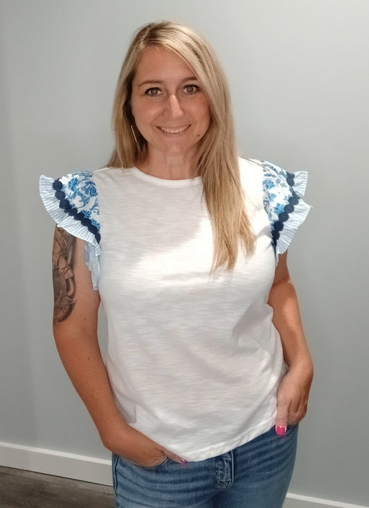 Blue Ric Rac Flutter Sleeve Top