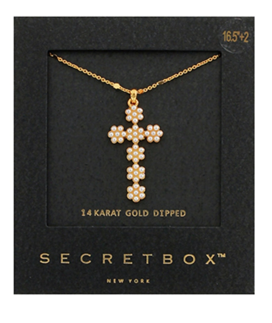 Paved Pearl Cross Pendant Necklace