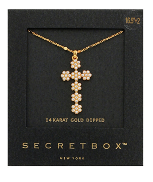 Paved Pearl Cross Pendant Necklace