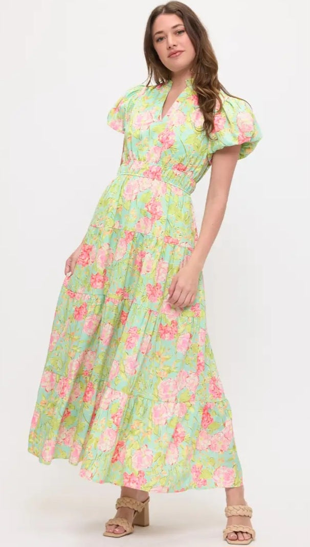 Floral Maxi w/ V-Neck and Puff Sleeves