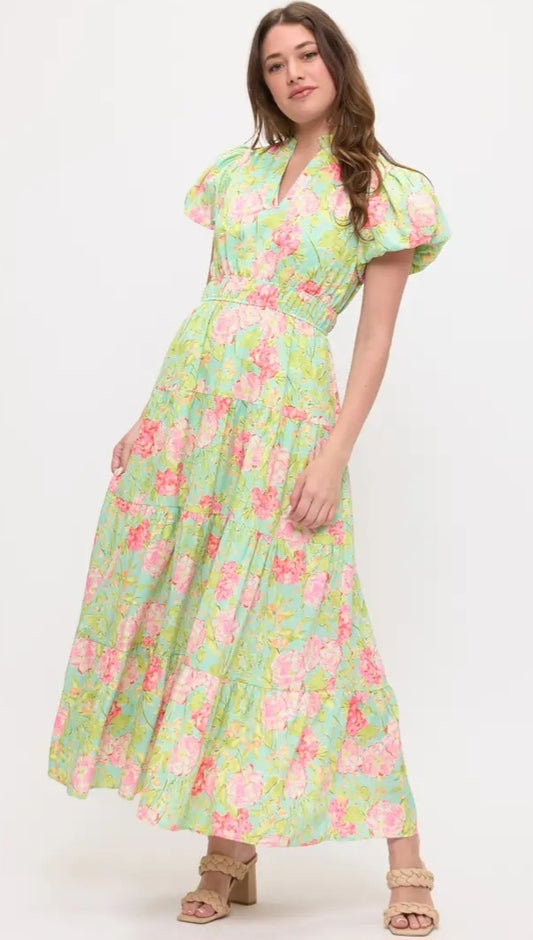 Floral Maxi w/ V-Neck and Puff Sleeves